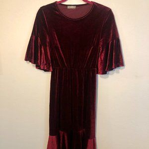 Dark red velvet dress with ruffle hem/sleeves SHEIN small